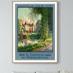 Affiche vintage représentant le Château de Tournaville avec un paysage bucolique et un pont sur la r.