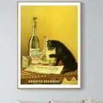 Affiche vintage d'absinthe Bourgeois avec un chat noir sur une table.