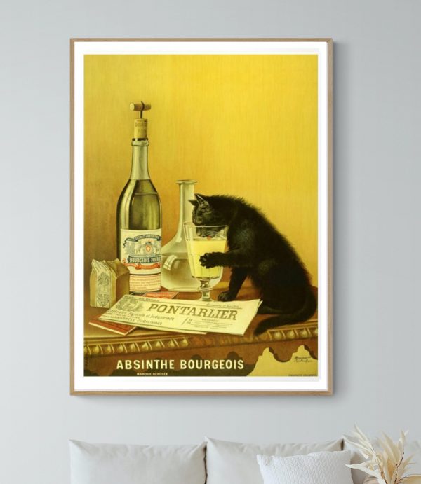Affiche vintage d'absinthe Bourgeois avec un chat noir sur une table.