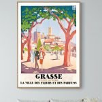 Affiche vintage Orangina dans un décor urbain en Provence. Illustration colorée de style rétro avec.