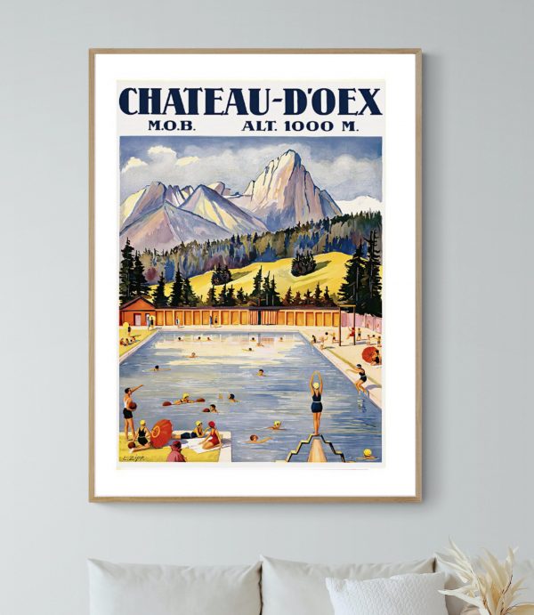 Affiche vintage Château d'Oex avec montagnes et piscine, style rétro pour décoration murale.