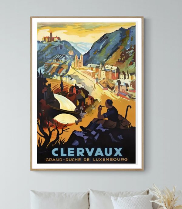 Affiche vintage de Clervaux, Luxembourg, avec vue sur la vallée et le château. Style artistique colo.