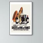 Affiche vintage avec bouteilles de vin et baguette de pain.