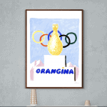 Affiche vintage Olympique avec bouteille ORANGINA et anneaux olympiques colorés.