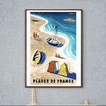 Affiche vintage de plages françaises avec bateaux et parasols colorés.