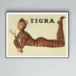 Affiche vintage Tigra avec femme tigre, style rétro, illustration colorée, parfait pour décoration.