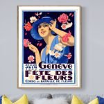 Affiche vintage pour la Fête des Fleurs à Genève, 1927, avec illustration florale et femme élégante.