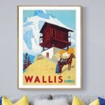 Affiche vintage Wallis avec chalet alpin et paysage enneigé.