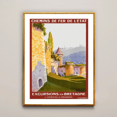 Affiche vintage Château Fougères en Bretagne, illustration colorée et nostalgique.