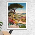 Affiche vintage représentant un paysage avec un arbre et un village, promotion de l'absinthe Bourgeo.