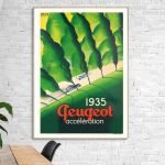 Affiche vintage Peugeot 1935 avec feuilles de palmier vertes.