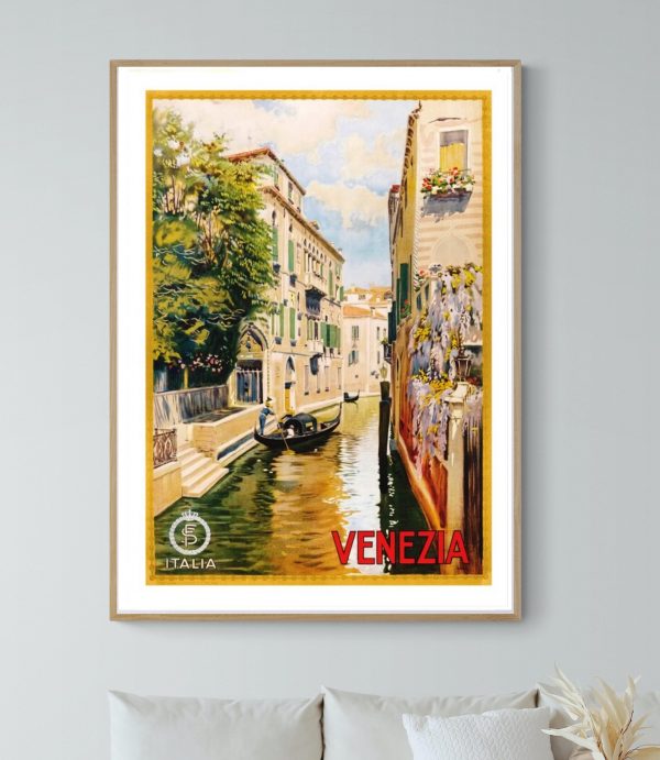 Balade en gondole à Venise, affiche vintage colorée.