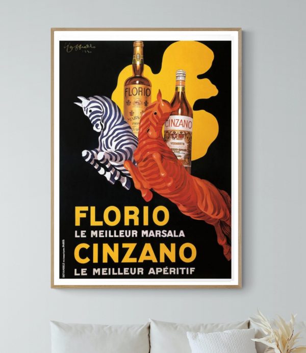 Affiche vintage Florio et Cinzano avec animaux stylisés, idéale pour décoration rétro.