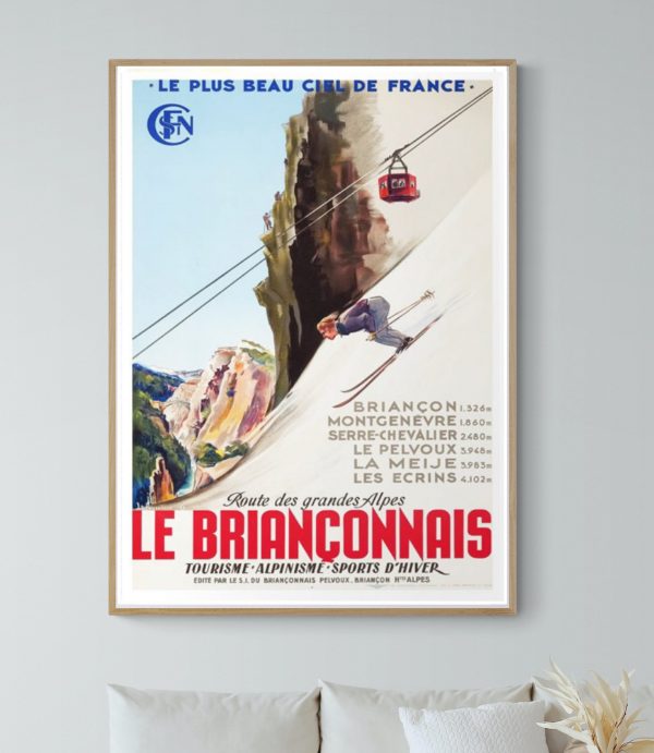 Affiche vintage de la station de ski Le Briançonnais avec un skieur et une télécabine.