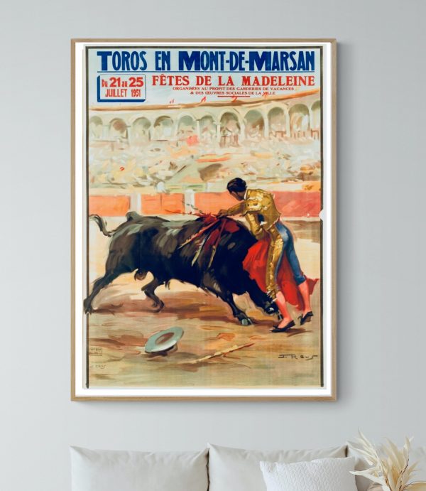 Affiche vintage de corrida à Dax en 1965, illustrant un torero affrontant un taureau lors de la fête.