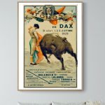 Affiche vintage de corrida à Dax en 1965, mettant en scène un torero face à un taureau lors d'une gr.