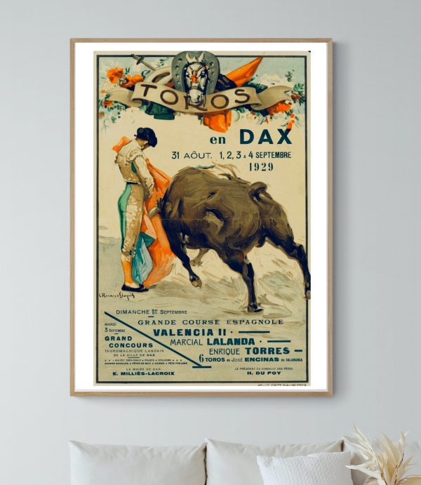 Affiche vintage de corrida à Dax en 1965, mettant en scène un torero face à un taureau lors d'une gr.