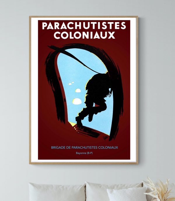Parachutistes coloniaux en action, silhouette dans un parachute, affiche vintage.