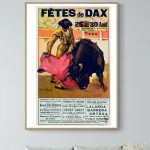 Affiche vintage de la corrida à Dax en 1965, mettant en scène un torero et un taureau lors des fêtes.