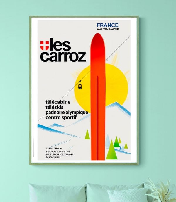 Affiche vintage Les Carroz Haute Savoie, illustrant une station de ski avec télécabine et paysage al.