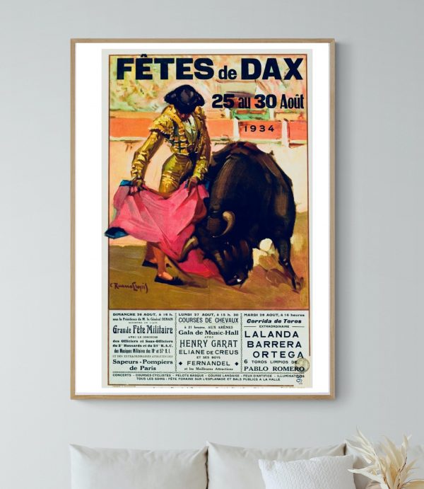 Affiche vintage de la corrida à Dax en 1965, mettant en scène un torero et un taureau lors des fêtes.