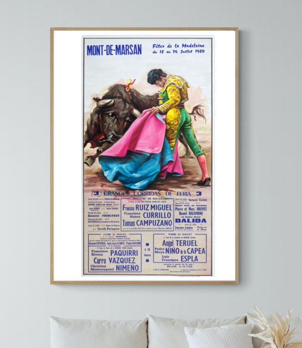 Affiche vintage de corrida de toros à Dax en 1965, illustrant une scène de tauromachie avec un torer.