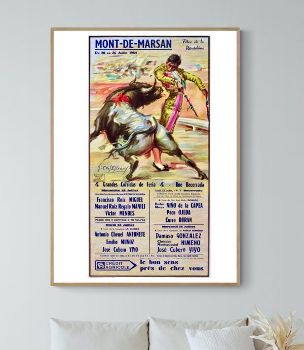 Affiche vintage de corrida à Dax en 1965, illustrant un torero face à un taureau lors d'une feria.