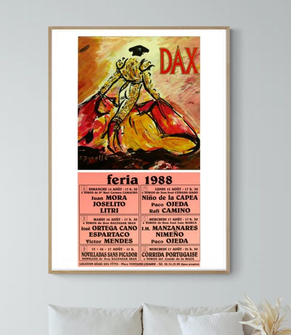 Affiche vintage de corrida à Dax, Feria 1988, avec torero et taureau en action.