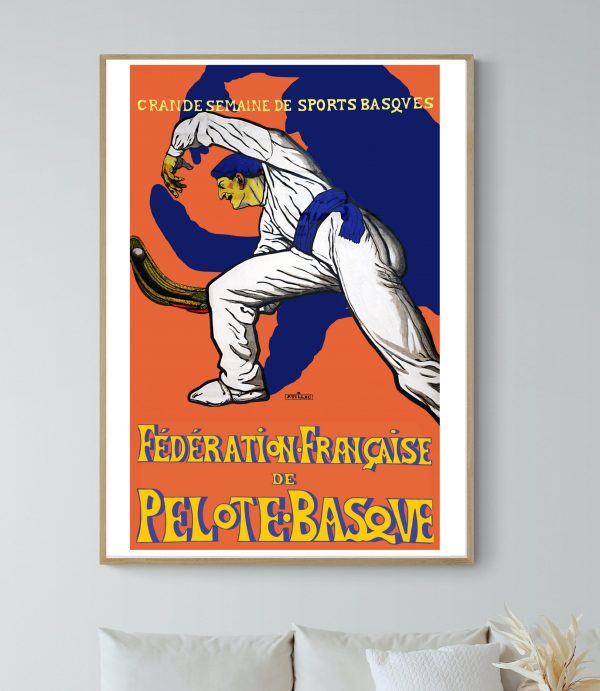 Affiche vintage de la Fédération Française de Pelote Basque, illustrant un joueur en action.
