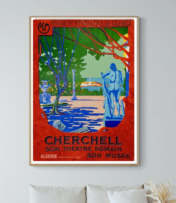 Affiche vintage de Biskra, Algérie, représentant la Reine des Zibans, avec un design coloré et artis.