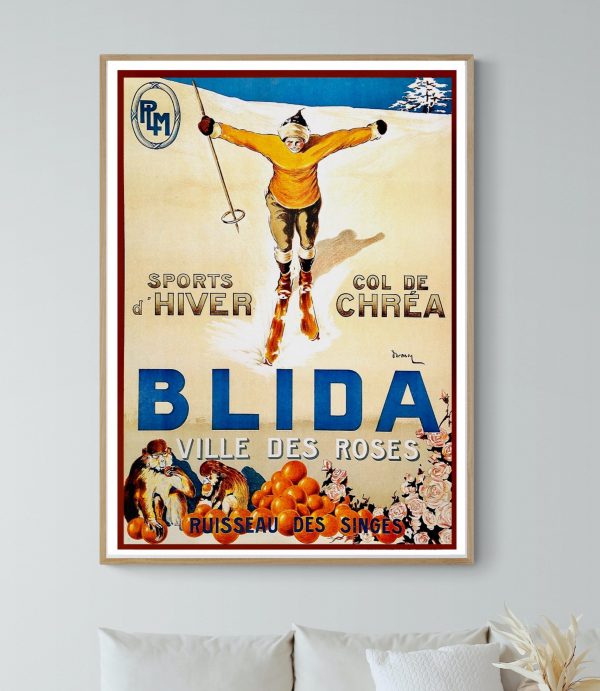 Affiche vintage de ski avec skieur en action dans un paysage hivernal.