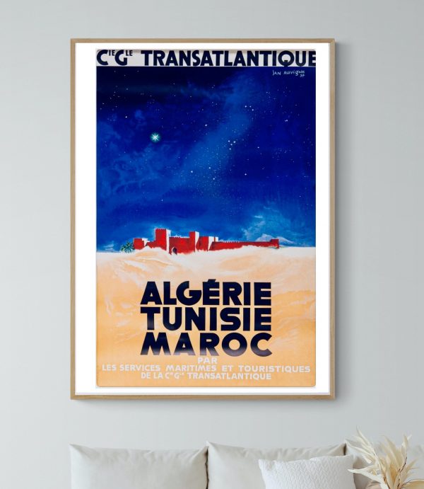 Affiche vintage de Biskra, illustrant la beauté de la Reine des Zibans dans le désert algérien.