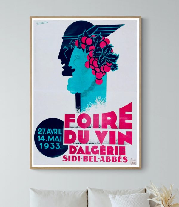 Affiche vintage pour la Foire du Vin en Algérie, mettant en valeur Biskra, la Reine des Zibans, avec.