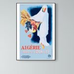 Affiche vintage représentant Biskra, la Reine des Zibans, avec des motifs traditionnels algériens.