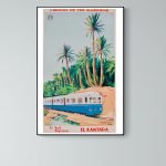 Affiche vintage d'un train en Algérie avec palmiers et paysage tropical.