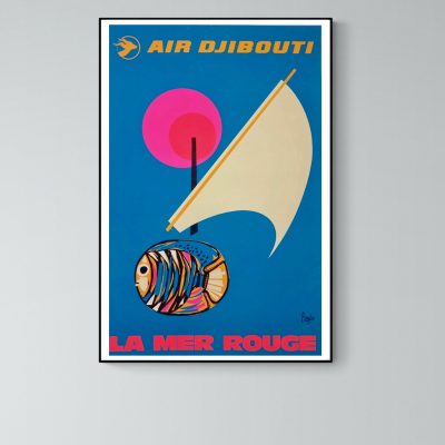 Affiche vintage Air Djibouti avec pêcheur et poisson coloré, style rétro.