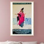 Affiche vintage de Biskra, Reine des Zibans, illustrant une femme en costume traditionnel algérien.