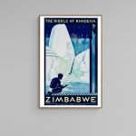 Affiche vintage représentant le mystère de la Zimbabue, avec un décor africain et des éléments histo.