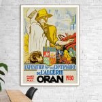 Affiche vintage Biskra, Reine des Zibans, illustrant une scène de marché algérien en 1930.