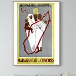 Affiche vintage représentant Madagascar et les Comores avec des personnages traditionnels.