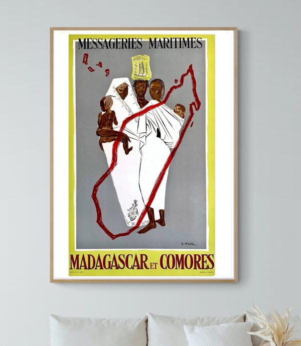 Affiche vintage représentant Madagascar et les Comores avec des personnages traditionnels.