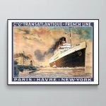 Affiche vintage de la Compagnie Générale Transatlantique, navire traversant l'Atlantique.