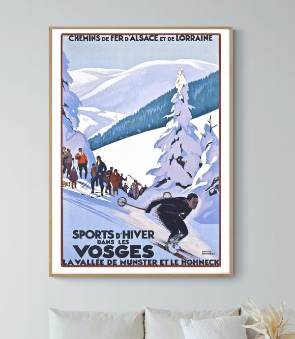 Affiche vintage illustrant une scène de sports d'hiver dans les Vosges, avec skieurs et paysages enn.