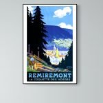Remiremont, affiche vintage des Vosges avec paysage et montagne.