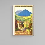 Affiche vintage représentant la région viticole d'Alsace avec vignobles et montagnes.
