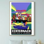 Affiche vintage colorée d'Echternach, ville historique au Luxembourg, avec paysages et architecture.
