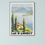 Affiche vintage du Lac d'Annecy avec montagnes et paysages alpins.