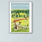 Affiche vintage Chemins de fer du Jura avec train et paysage forestier.