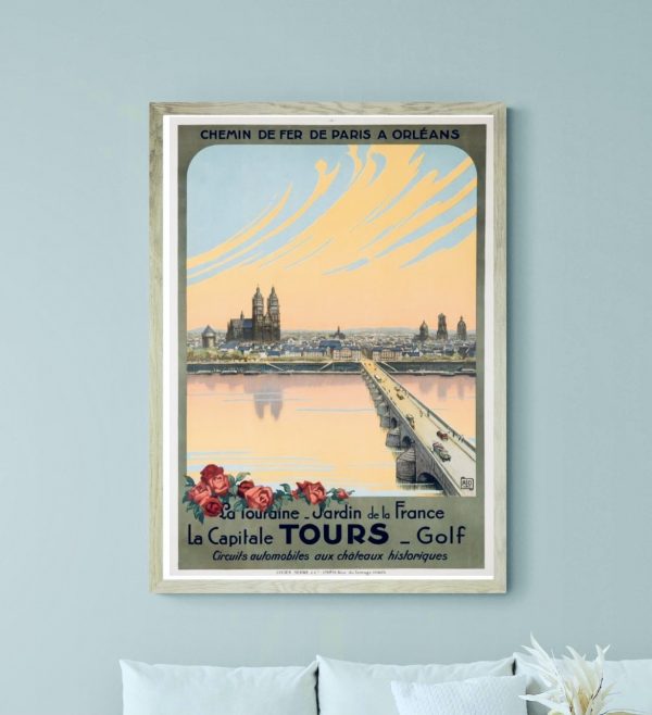 Affiche vintage du lac d'Annecy, paysage coloré avec pont et montagnes, style rétro.