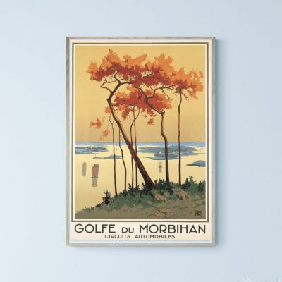 Affiche vintage du lac d'Annecy avec arbres aux couleurs automnales, style rétro, idéale pour décora.